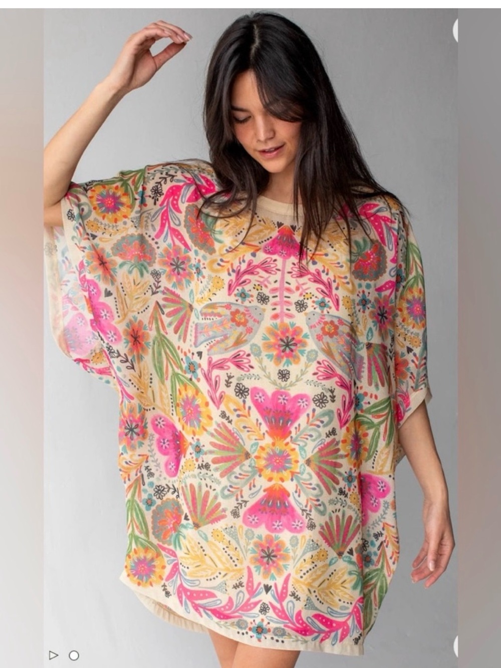 NATURAL LIFE nwt Floral Boho Oversized Women's Shift Dress - Light Sage Birds M